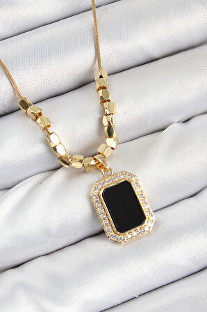 Tegan 316L Çelik Zirkon Taşlı Siyah Baget Model Gold Renk Kadın Kolye TG27BKO10480