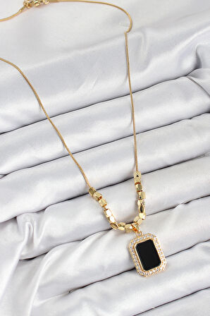 Tegan 316L Çelik Zirkon Taşlı Siyah Baget Model Gold Renk Kadın Kolye TG27BKO10480