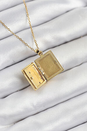 Tegan 316L Çelik Zirkon Taşlı Açılabilr Kapaklı Kitap Model Gold Renk Kadın Kolye TG27BKO10515