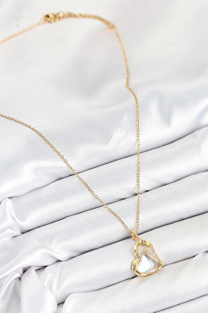 Tegan 316L Çelik Zirkon Taşlı Kalp Model Gold Renk Kadın Kolye TG27BKO10530