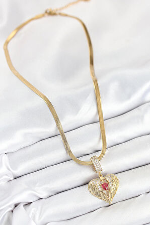 Tegan 316L Çelik Zirkon Taşlı Kanatlı Kalp Model Gold Renk Kadın Kolye TG27BKO10533