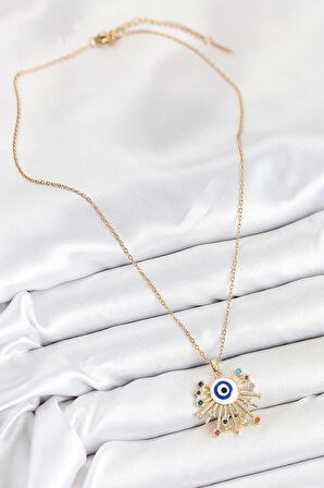 Tegan 316L Çelik Zirkon Taşlı Nazar Model Gold Renk Kadın Kolye TG27BKO10544