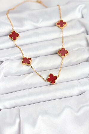 Tegan 316L Çelik Gold Renk Zincir Bordo Yonca Kadın Kolye TG27BKO10565
