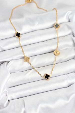 Tegan 316L Çelik Zincir Gold Renk Siyah ve Zirkon Taşlı Baby Boy Yonca Kadın Kolye TG27BKO10592