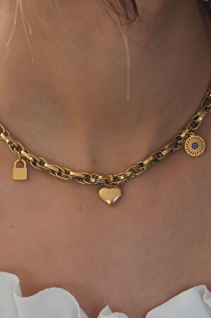 Tegan Çelik Gold Renk Kalın Zincir Model Kalp Figür Kadın Kolye TG27BKO6898