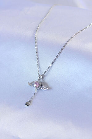 Tegan 316L Çelik Gümüş Renk Kanatlı Kalp Figür Zirkon Taş Detay Kadın Kolye TG27BKO7451