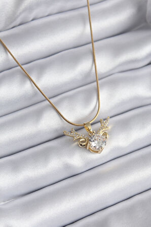 Tegan 316L Çelik Gold Renk Zirkon Taşlı Boynuz Model Kadın Kolye TG27BKO8134