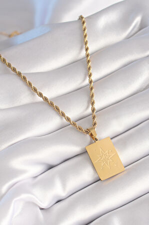 Tegan 316L Çelik Gold Renk Burgu Zincir Kutup Yıldızı İşleme Plaka Figür Kadın Kolye TG27BKO8451