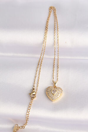 Tegan 316L Çelik Zincir Altın Renk Zirkon Taşlı Kalp Kolye TG27BKO8624