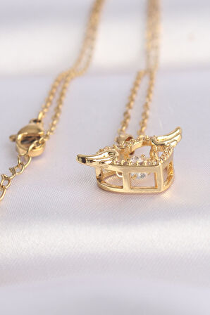 Tegan 316L Çelik Zincir Altın Renk Zirkon Taşlı Kanatlı Kalp Kolye TG27BKO8628