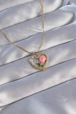 Tegan 316L Çelik Zincirli Gold Renk Zirkon Taşlı Kalp İçinde Pembe Gül Tasarımlı Kolye TG27BKO8864