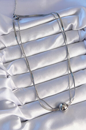 Tegan 316L Çelik Çift Zincirli Gümüş Renk Topçuk İtalyan Model Kolye TG27BKO8877