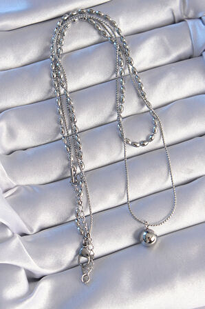 Tegan 316L Çelik Çift Zincirli Gümüş Renk Topçuk Model Kolye TG27BKO8881