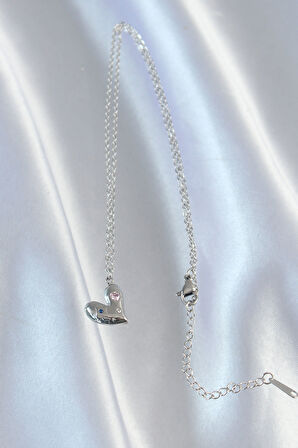 Tegan 316L Çelik Zincir Gümüş Renk Renkli Zirkon Taşlı Kalp Kolye TG27BKO8906