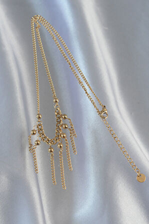 Tegan 316L Çelik Zincir Gold Renk Topçuk Detay Sallantılı Zincir Kolye TG27BKO8911