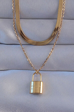 Tegan 316L Çelik Gold Renk Çift Zincir Kilit Model Kolye TG27BKO8941