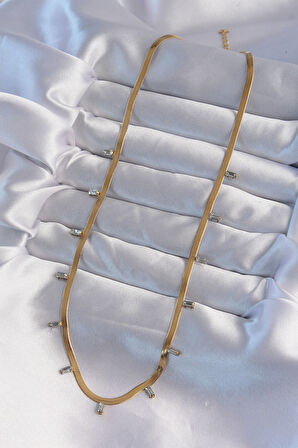 Tegan 316L Çelik Gold Renk Baget Taşlı İtalyan Zincir Kolye TG27BKO8994