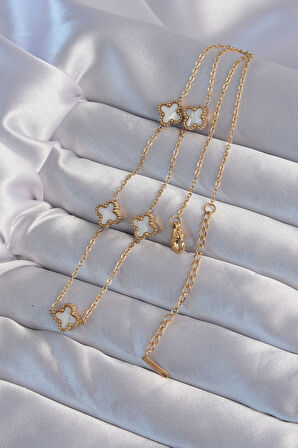 Tegan 316L Çelik Gold Renk Minimal Beyaz Sedefli Yonca Kolye TG27BKO9002