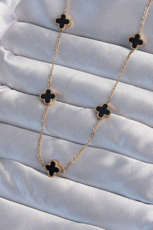 Tegan 316L Çelik Gold Renk Minimal Siyah Mineli Yonca Kolye TG27BKO9004