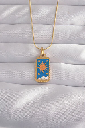 Tegan 316L Çelik Gold Renk Mavi Mineli Güneş Model Tarot Kolye TG27BKO9026