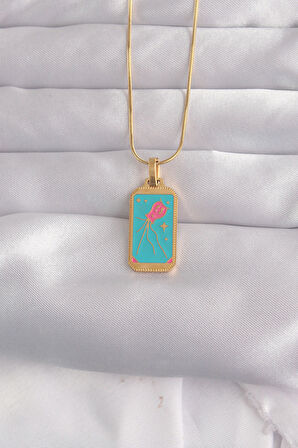 Tegan 316L Çelik Gold Renk Mavi Mineli Tarot Kolye TG27BKO9030