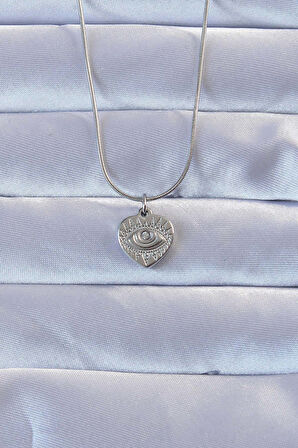 Tegan 316L Gümüş Renk Zirkon Taşlı İşlemeli Göz Detay Kalp Kolye TG27BKO9285