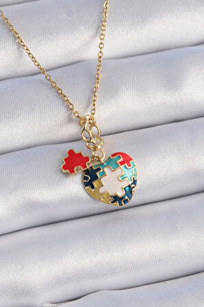 Tegan 316L Çelik Gold Renk Yapboz Motif Kalp Figür Charm Model Kadın Kolye TG27BKO9316