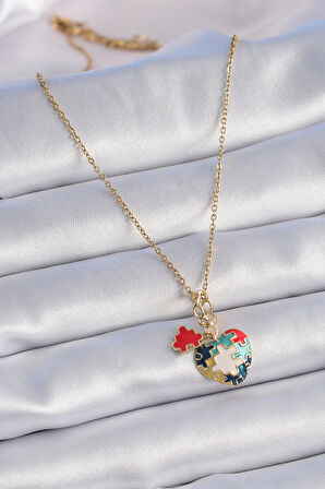 Tegan 316L Çelik Gold Renk Yapboz Motif Kalp Figür Charm Model Kadın Kolye TG27BKO9316