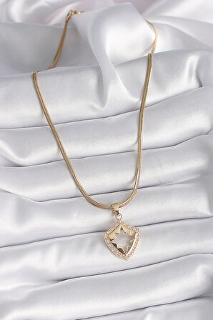 Tegan 316L Çelik Gold Renk İtalyan Zincir Zirkon Taşlı Kutup Yıldız İşleme Kadın Kolye TG27BKO9536