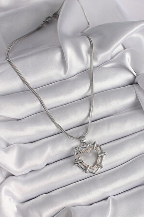 Tegan 316L Çelik Gümüş Renk İtalyan Zincir Mix Renk Zirkon Taş Detay Kalp Model Kadın Kolye TG27BKO9600