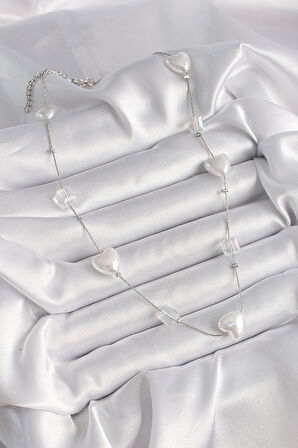 Tegan Pirinç Gümüş Renk Beyaz İnci Kalp Model Kadın Kolye TG27BKO9624