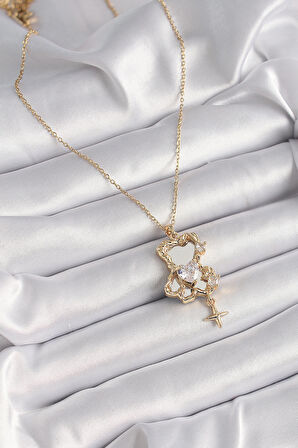 Tegan 316L Çelik Gold Renk Zincir Ayna Ayıcık Model Zirkon Taşlı Kalp Model Kadın Kolye TG27BKO9626
