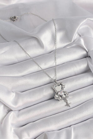 Tegan 316L Çelik Gümüş Renk Ayna Ayıcık Model Zirkon Taşlı Kalp Detay Kadın Kolye TG27BKO9627