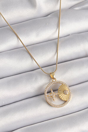 Tegan 316L Çelik Gold Renk Zincir Zirkon Taşlı Yıldız İşleme Madalyon Model Kadın Kolye TG27BKO9636