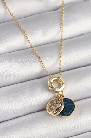 Tegan 316L Çelik Gold Renk Zincir Zirkon Taşlı Kalp Model Mavi Simli Kadın Kolye TG27BKO9640