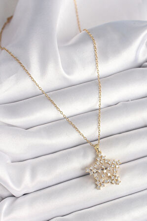 Tegan 316L Çelik Gold Renk Zincir Zirkon Taşlı Kar Tanesi Model Kadın Kolye TG27BKO9895