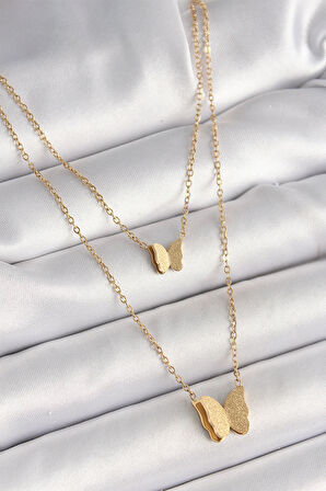 Tegan 316L Çelik Gold Renk 2'Li Simli Kelebek Model Kadın Kolye TG27BKO9928