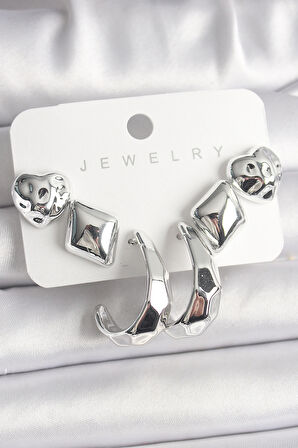 Tegan Gümüş Renk Kalp Halka Figür CCB Plastik Kadın Küpe Seti TG27BKP10023