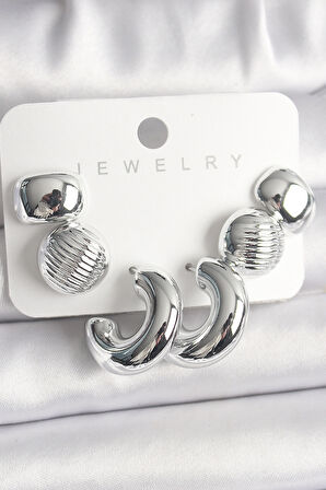 Tegan Gümüş Renk İşlemeli Daire Halka Model CCB Platik Kadın Küpe Seti TG27BKP10025