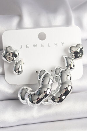 Tegan Gümüş Renk Yonca Damla Halka Model CCB Plastik Kadın Küpe Seti TG27BKP10027