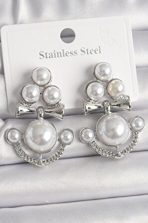 Tegan Pirinç Gümüş Renk Sallantı İncili Çapa Model Kadın Küpe TG27BKP10086