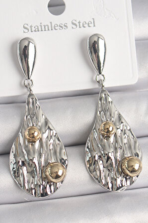 Tegan Pirinç Gümüş Renk Sallantı Damla Model Gold Topçuk Detay Kadın Küpe TG27BKP10088