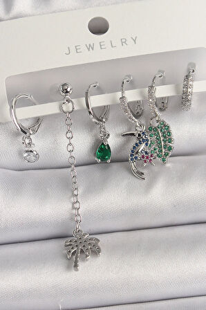 Tegan Pirinç Gümüş Renk Sallantı Zirkon Taşlı Ağaç Figür Çoklu Kadın Küpe Seti TG27BKP10119