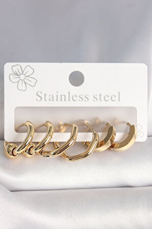 Tegan 316L Çelik Gold Renk Altıgen Halka Model Kadın Küpe Seti TG27BKP10387