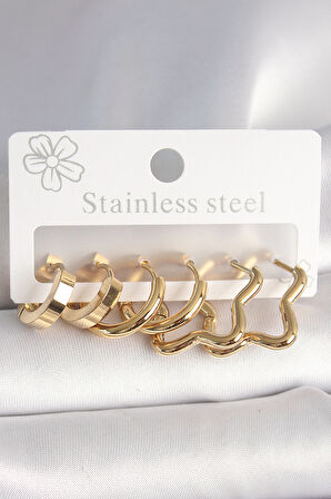 Tegan 316L Çelik Gold Renk Yıldız Halka Model Kadın Küpe Seti TG27BKP10392