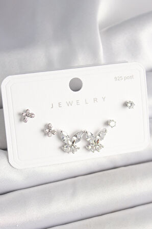 Tegan 925 Ayar Gümüş Çivi Pirinç Zirkon Taşlı Kelebek Model Kadın Küpe Seti TG27BKP10402