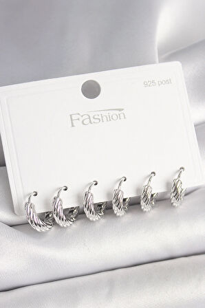 Tegan 925 Ayar Gümüş Çivi Pirinç Gümüş Renk İşlemeli Halka Model Kadın Küpe Seti TG27BKP10410