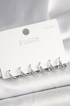 Tegan 925 Ayar Gümüş Çivi Pirinç Gümüş Renk Kalp İşlemeli Halka Model Kadın Küpe Seti TG27BKP10412