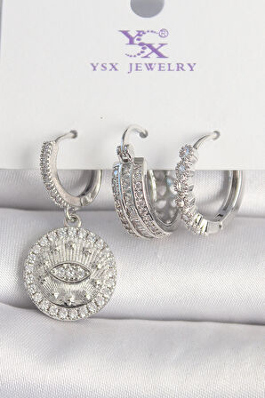 Tegan Pirinç Gümüş Renk Zirkon Taşlı Göz İşlemeli Halka Model 3'Lü Kadın Kombin Küpe TG27BKP10436