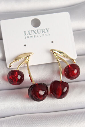 Tegan Pirinç Gold Renk Kırmızı Kiraz Model Kadın Küpe TG27BKP10460